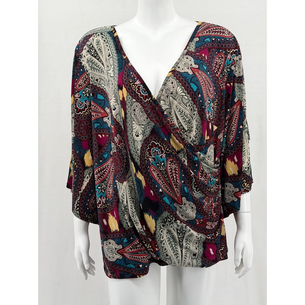 Roz & Ali Top Womens 22 24 Red Multi Paisley Surplice Wrap Boho V-Neck Stretch